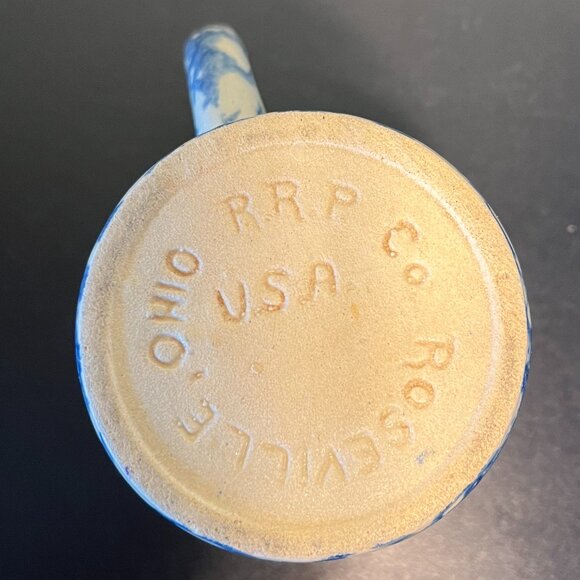 Vtg Roseville, Ohio Pottery R.R.P. Co USA Blue Spongeware Heavy Earthenware Mug - Picture 10 of 13